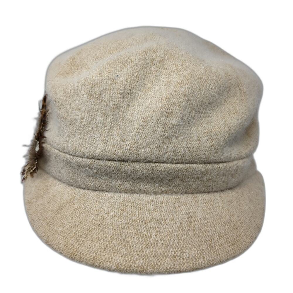 Attention Army Cap Beige One Size Wool Blend Feather Detail Winter Cadet Hat